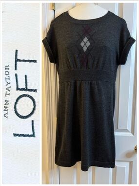 LOFT Dress Gray Purple Knit Ribbed Waist Argyle business casual short-sleeve MP